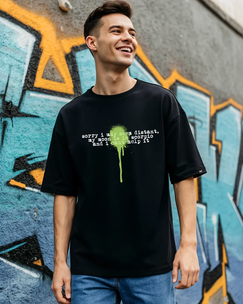 bewakoof Men's Jet Black Scorpio Typography Oversized T-shirt